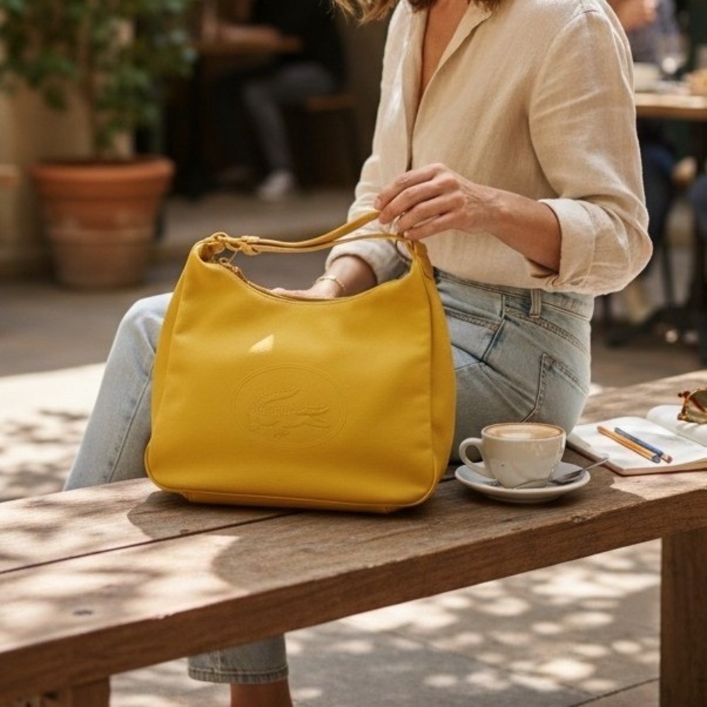 Vintage Lacoste Yellow Shoulder Bag PVC Canvas Logo Embossed Tote Crossbody